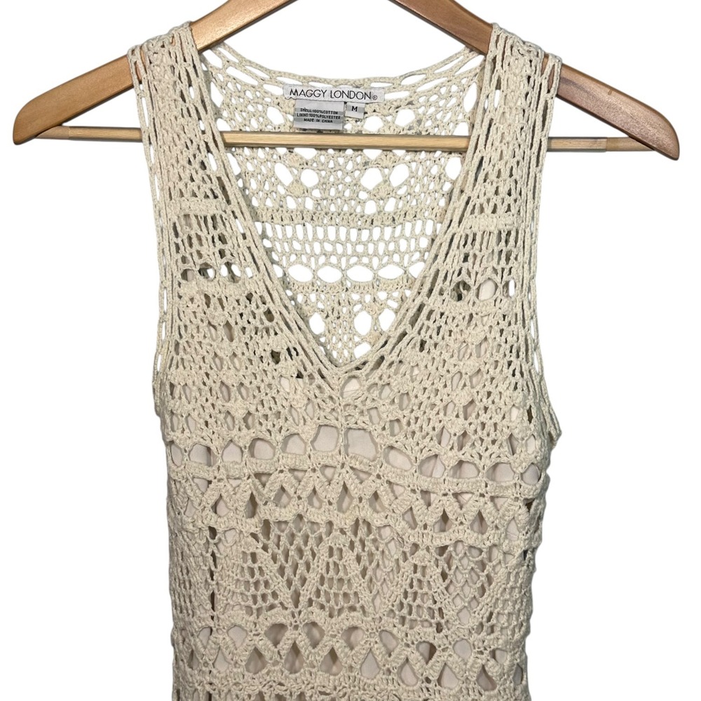 Boho Chic Crochet Midi Sundress Size M 100% Cotton Cream Coastal Beach - Picture 3 of 8